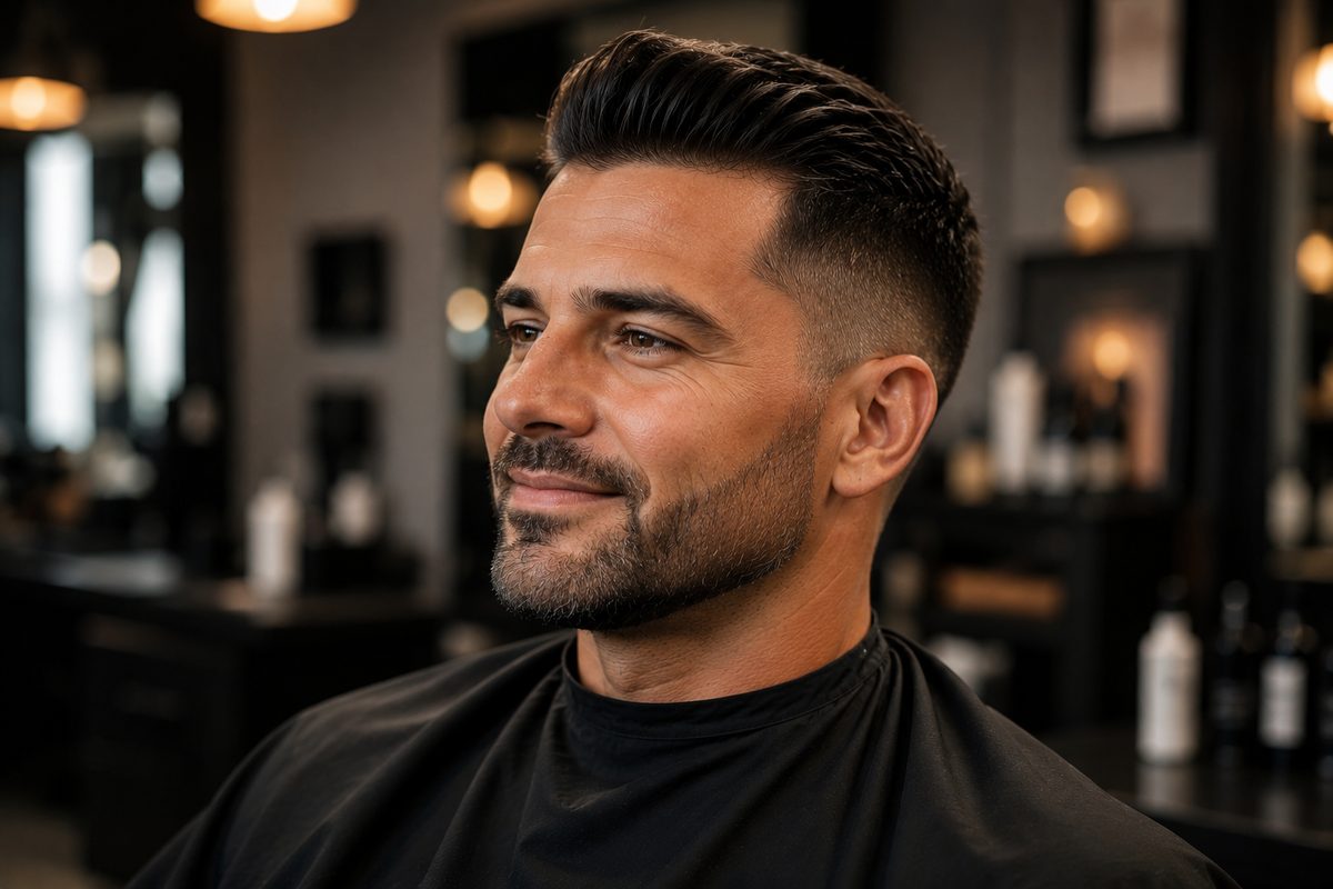 Man with a fresh skin-fade haircut and neatly groomed beard at Man Cave Salon in Henderson, Las Vegas